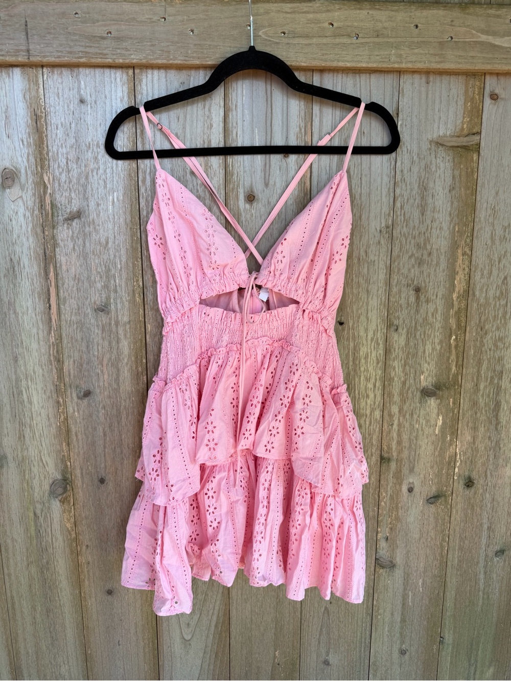 MABLE Winelle Ruffle Tie Pink Eyelet Tiered Mini Dress - S